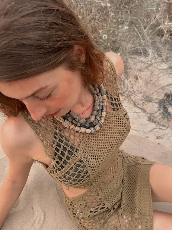 réplica collar Neolítico | cuentas de cerámica cocidas en hoguera | amuleto Ibero | cerámica primitiva. Replica prehistòrica ancestral