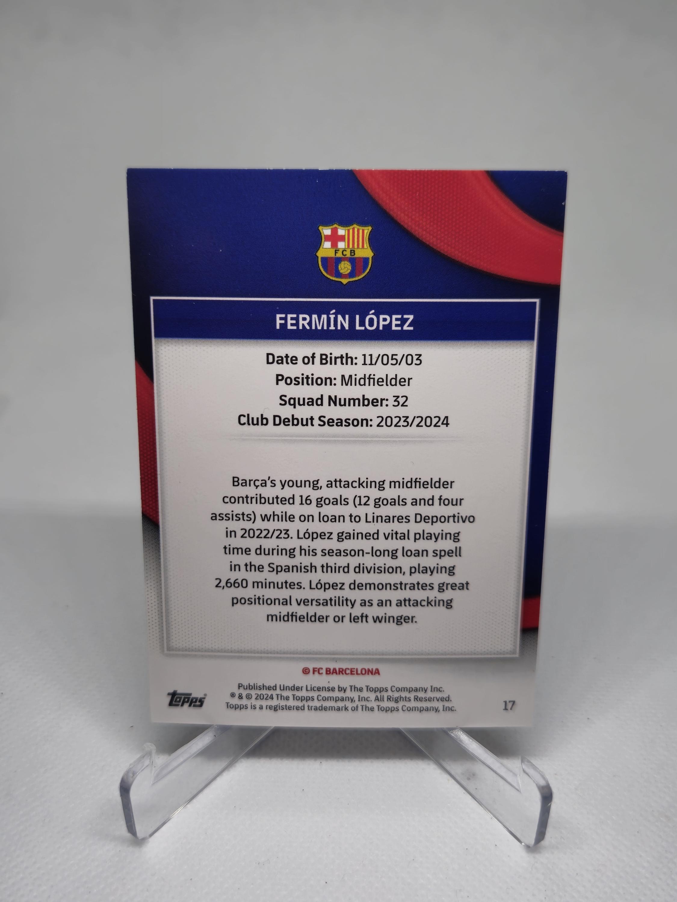 Carte Autographiée Fermin Lopez /150 - Topps Focus Barcelona 2023-24 - Rookie Édition Limitée