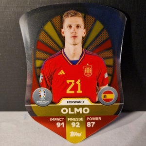 Dani Olmo "Chrome Pro Elite Shield", Topps Match Attax Euro 2024. España. Tarjeta de fútbol. De cartas coleccionables. Envío combinado. Leer información.