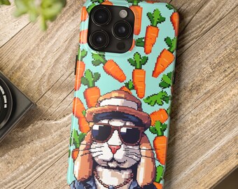 Pixel Art Bunny with sunglasses iPhone case, Stylish Bunny, Animal print, Carrot pattern phone case, Tough phone case, Impact Resistance