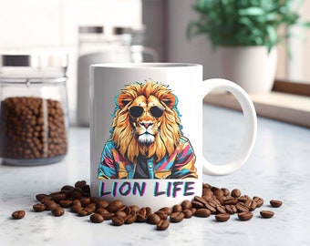 Lion Coffee Mug Wearing Sunglasses, Big cat Mug, Lion life mug, Lion Mug, white coffee mug 11 oz, Mug for every day gift, father's day gift