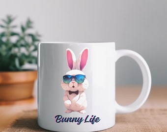 Häschen Kaffeebecher, süße Häschenbecher mit Sonnenbrille, stilvollen Kaninchenbecher, Haustierbecher, tägliches Geschenk für Häschenliebhaber, 11 Unzen weißer Becher