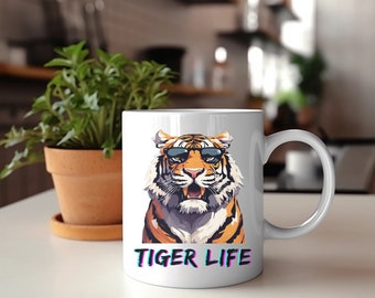 Taza de café tigre con gafas de sol, taza de gato grande, taza de vida tigre, taza de tigre, taza blanca de 11 oz, taza para regalo de cada día, regalo del día del padre