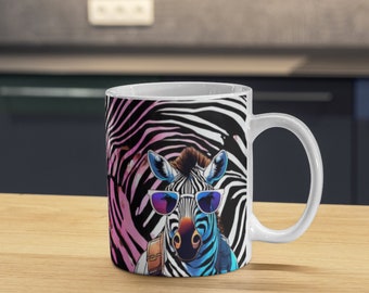Zebra wearing sunglasses, White Coffee mug. Zebra Print, pet mug, Zebra mug, Animal print mug, coffee cup, C-Handle 11 oz mug