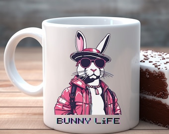 Bunny Coffee Mug, Bunny Mug wearing Sunglasses, Stylish Bunny Rabbit Mug, Pet Mug, Everyday gift for Bunny lovers, 11 oz White mug