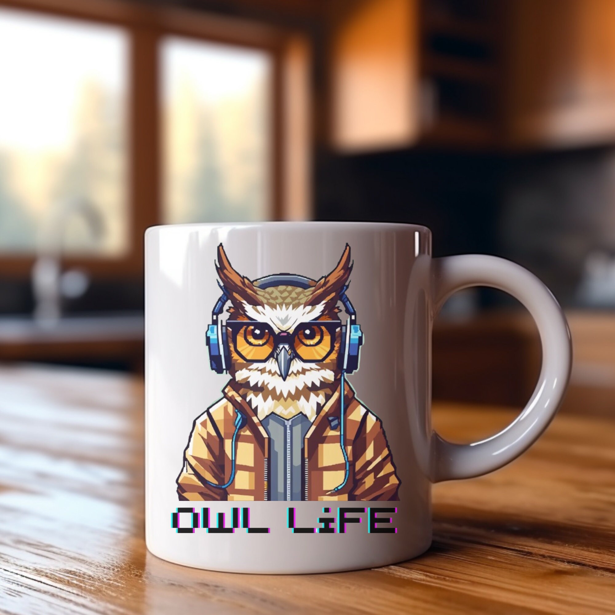 Pixel Art OWL in sunglasses White COFFEE MUG. Perfect gift for coffee lovers. Pet mug, owl mug, Ever
