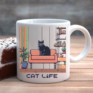 Black PIXEL ART CAT in Sunglasses Coffee Mug, Cute Cat Mug, Pet Mug, Cat mug, Everyday gift, Purrfect for cat lovers, cats, 11 oz mug.