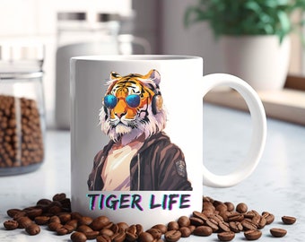 Taza de café de tigre con gafas de sol, Taza de gato grande, Taza de vida de tigre, Taza de tigre, Taza blanca de 11 oz, Taza para regalo diario, Regalo del día del padre
