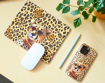 Cheetah Mouse Pad, Sunglasses, Cheetah Pattern, Animal Print 9x7, Stitched Edges, Perfect for Work, Gaming, Gift mouse pad, Pc desk decor