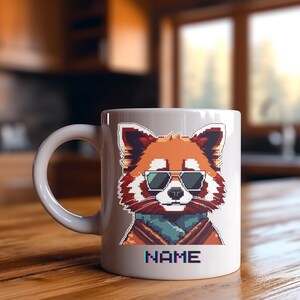 Personalized Red Panda Mug with Name, Custom Name Mug, White Coffee mug. Stylish Red Panda in Pixel Art, Red Panda mug, coffee cup.