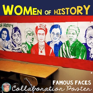 May include: A classroom notice board with the title "Women of History" in yellow lettering on a blue background. The board is decorated with colourful drawings of famous women, including Frida Kahlo, Amelia Earhart, and Rosa Parks. The text "Famous Faces Collaboration Poster" is written in black on a white background at the bottom of the image.