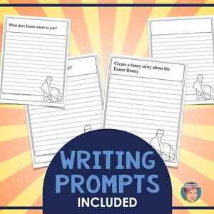 May include: Four printable writing prompts with lined paper and a black and white illustration of an Easter bunny. The prompts are "What does Easter mean to you?", "What is your favorite Easter tradition?", "Create a funny story about the Easter Bunny", and "Write a poem about Easter".