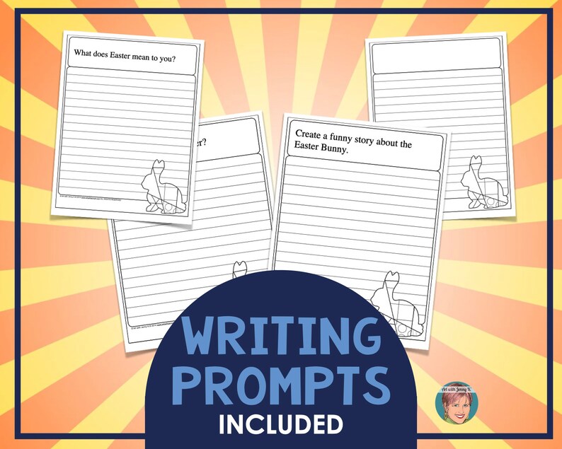 May include: Four printable writing prompts with lined paper and a black and white illustration of an Easter bunny. The prompts are "What does Easter mean to you?", "What is your favorite Easter tradition?", "Create a funny story about the Easter Bunny", and "Write a poem about Easter".