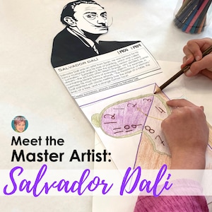 Pode incluir: Uma ilustração em preto e branco de Salvador Dalí, um famoso artista surrealista, com uma legenda que diz "Salvador Dalí 1904-1989". Uma criança está a colorir um relógio surrealista com um lápis.