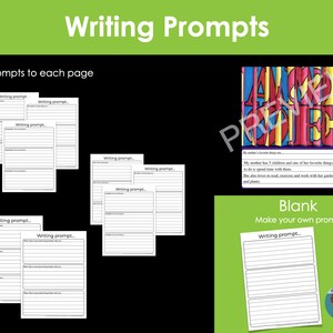 May include: A collection of writing prompt pages with the title "Writing Prompts" in a green banner. Each page has three prompts. A preview image shows colorful text and a blank page with a prompt area.