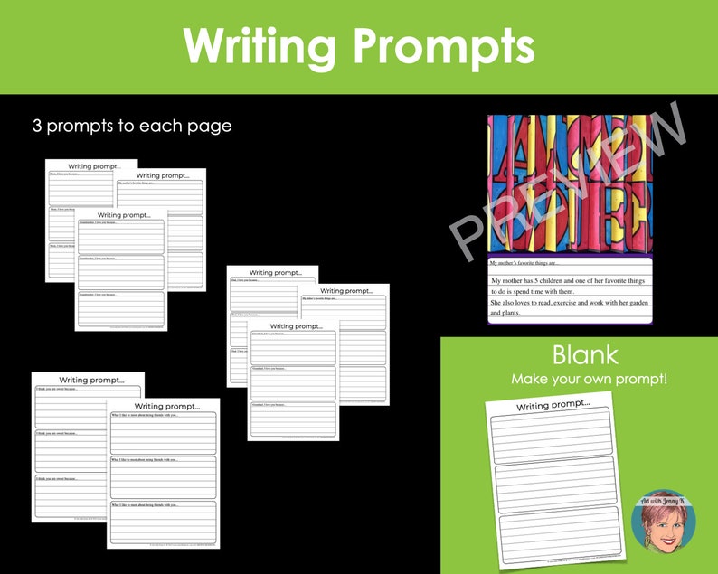 May include: A collection of writing prompt pages with the title "Writing Prompts" in a green banner. Each page has three prompts. A preview image shows colorful text and a blank page with a prompt area.
