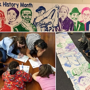 May include: A group of children are working on a Black History Month art project. They are colouring in portraits of famous African Americans. The portraits are on individual pieces of paper that will be assembled into a larger mural. The mural is titled "Black History Month".