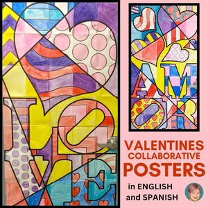 May include: Two colourful posters featuring the words "LOVE" and "AMOR" in a geometric design. The posters are made from paper squares in a variety of colours, including pink, yellow, blue, red, and purple. The posters are decorated with hearts and polka dots.