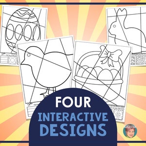 May include: Four black and white line art designs for coloring. The designs include an Easter egg, a chick, a basket of eggs, and a bunny rabbit. The designs are labeled "Four Interactive Designs".