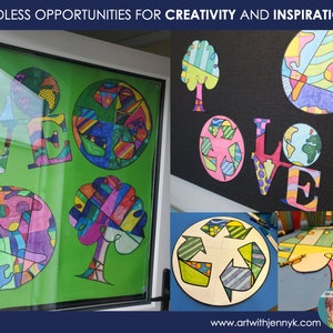 May include: A colorful art project with the word "LOVE" in large letters, a tree, and a recycling symbol. The artwork is made with paper and markers and has a bright, cheerful design. The words "Endless Opportunities for Creativity and Inspiration" are at the top of the image.