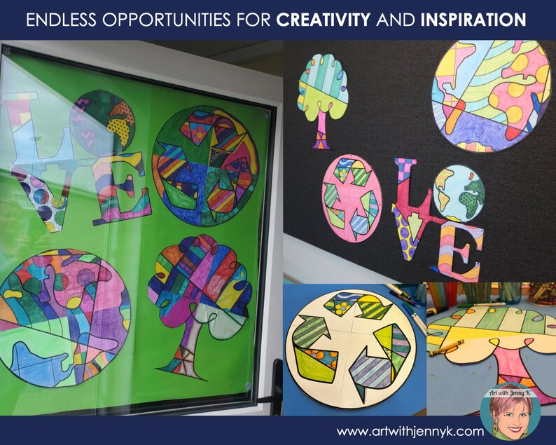 May include: A colorful art project with the word "LOVE" in large letters, a tree, and a recycling symbol. The artwork is made with paper and markers and has a bright, cheerful design. The words "Endless Opportunities for Creativity and Inspiration" are at the top of the image.