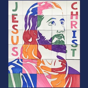 May include: A colorful mosaic art project featuring a portrait of Jesus Christ. The image is divided into squares, each with a different color and a letter spelling out "JESUS CHRIST".