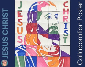 May include: A colorful mosaic art project featuring a portrait of Jesus Christ. The image is divided into squares, each with a different color and a letter spelling out "JESUS CHRIST".