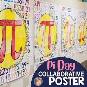 Op de afbeelding: Een gezamenlijke Pi-dagposter met vier grote cirkels, elk met een rood en geel pi-symbool. De cirkels zijn omgeven door een achtergrond van kleurrijke cijfers, waaronder de cijfers van pi. De poster heeft de titel "Gezamenlijke Pi-dagposter".