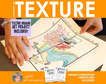 May include: A colorful dragon art project with instructions for creating a textured dragon. The project includes a certificate of completion.  "Texture Dragon: A1" and "Texture Dragon: A2" are written on the paper.