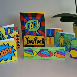 Druckbare, ausmalbare Pop Art Vatertagskarten | Lustige Bastelaktivität für Kinder zum Vatertag
