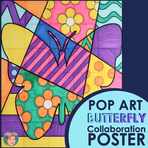 Könnte beinhalten: Ein farbenfrohes Pop-Art-Schmetterlingsposter mit einer Vielzahl von Mustern und Farben, darunter Pink, Orange, Gelb und Grün. Das Poster zeigt den Text "POP ART BUTTERFLY Collaboration POSTER" in einer stilisierten Schriftart.