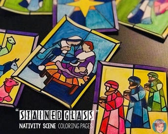 Printable "Stained Glass" Nativity Scene COLORING Pages Set | Christian Christmas Advent Activity for Kids | Church Bulletin Board  Display