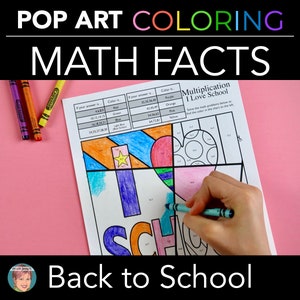 Terug naar school thema wiskundig feitenrecensie kleurplaten | Leuke AFDRUKBARE 'Pop-Art'-wiskundewerkbladen voor kinderen | Kunstintegratie