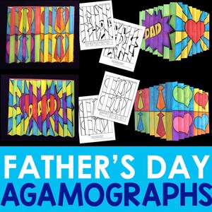 May include: A collection of colorful agamographs, including tie and heart designs, and the word "DAD". The image also includes black and white templates and the text "FATHER'S DAY AGAMOGRAPHS".