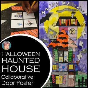 May include: A collaborative door poster for Halloween featuring a haunted house with a purple, orange, and green color scheme. The poster is divided into squares with different images of ghosts, bats, and other Halloween characters. The text "Happy Halloween" is written in a purple, orange, and green color scheme at the top of the poster.