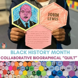 May include: A student holds up a colorful hexagonal paper craft featuring a portrait of John Lewis and the text "John Lewis". The craft is part of a larger project called "Black History Month Collaborative Biographical "Quilt"".