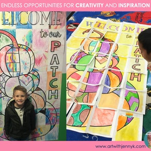 May include: A colorful welcome sign with a stack of pumpkins made from individual squares of paper. The sign says "Welcome to our Patch".