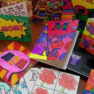 Attività di bricolage divertente per la festa della mamma per bambini / Biglietti per la festa della mamma "Pop Art" stampabili e pronti da colorare