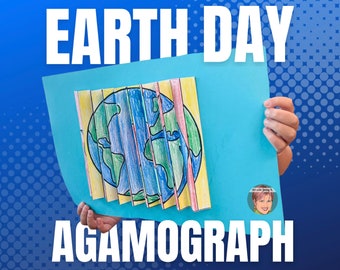 May include: A child holds up a blue paper agamograph with a colorful drawing of the Earth. The agamograph is made of strips of paper that are folded and glued together. The text "EARTH DAY AGAMOGRAPH" is printed in white letters on the blue paper.