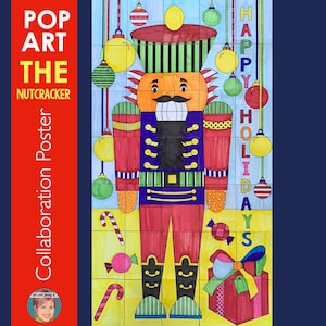 May include: A colorful pop art style illustration of a nutcracker with a red, blue, and green uniform. The nutcracker is surrounded by ornaments, candy canes, and a gift box. The text "Happy Holidays" is written in rainbow colors on the right side of the image.