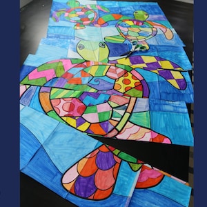 Druckbares Pop-Art-Meeresschildkröten-Kollaborationsposter | Lustige Aktivität mit Meerestieren für Kinder | Ein toller Nebenplan!