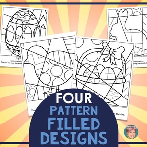 May include: Four black and white coloring pages with geometric patterns. The designs include an Easter egg, a chick, a basket of eggs, and a bunny rabbit.