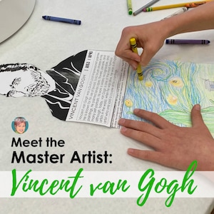 Könnte beinhalten: Ein Kind malt ein Bild von Vincent van Goghs Sternennacht aus. Der Text auf der Seite lautet "Vincent van Gogh 1853 - 1890" und enthält eine kurze Biografie des Künstlers.  Treffen Sie den Meisterkünstler: Vincent van Gogh.