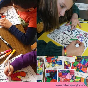 May include: A group of children are coloring in a coloring page with markers. The coloring page is a geometric design with a variety of colors. The children are sitting at a table with a yellow surface. The table is covered with markers and other art supplies. The coloring page is titled "Color in all the patterns shown. Then cut out your final work at www.artwithjennyk.com".