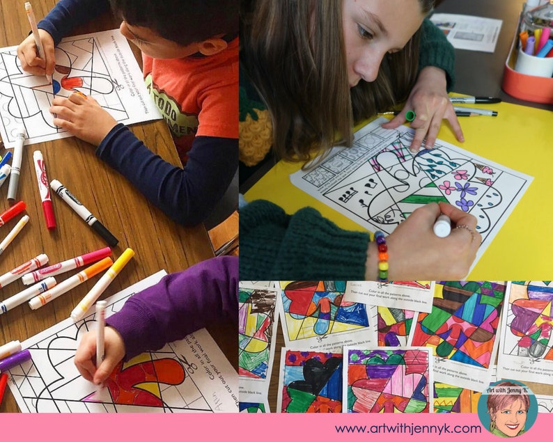 May include: A group of children are coloring in a coloring page with markers. The coloring page is a geometric design with a variety of colors. The children are sitting at a table with a yellow surface. The table is covered with markers and other art supplies. The coloring page is titled "Color in all the patterns shown. Then cut out your final work at www.artwithjennyk.com".