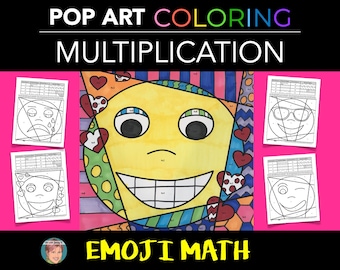 May include: A black and white coloring page featuring a smiling emoji with a heart, glasses, and a wink. The coloring page is titled "Pop Art Coloring Multiplication Emoji Math".
