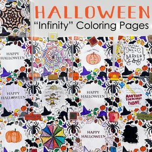 May include: A collection of 10 Halloween-themed coloring pages with various designs, including spiders, bats, pumpkins, and the words "Happy Halloween".