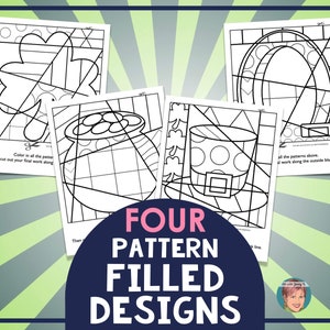 May include: Four black and white printable coloring pages featuring St. Patrick's Day themed designs: a shamrock, a pot of gold, a leprechaun hat, and a horseshoe. The text "FOUR PATTERN FILLED DESIGNS" is at the bottom of the image.