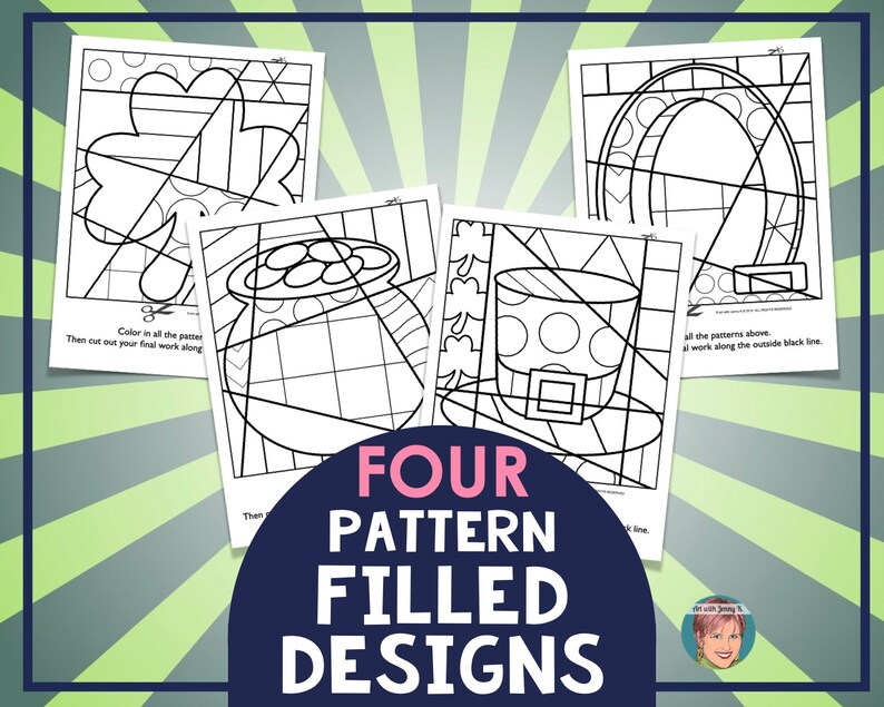 May include: Four black and white printable coloring pages featuring St. Patrick's Day themed designs: a shamrock, a pot of gold, a leprechaun hat, and a horseshoe. The text "FOUR PATTERN FILLED DESIGNS" is at the bottom of the image.