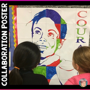 Op de afbeelding: Twee kinderen staan voor een grote poster met een kleurrijk portret van Ruby Bridges. De poster is verdeeld in vierkanten, die elk in een andere tint zijn gekleurd. Het woord "COURAGE" staat in grote letters aan de rechterkant van de poster.